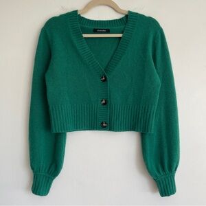 Elyse Walker Cropped Cashmere Sweater Cardigan button Kelly green ribbed XS soft